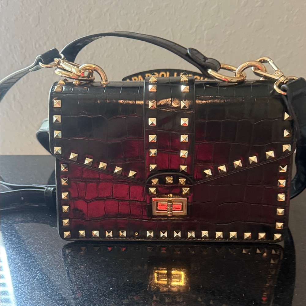 Studded Black and Red Croc-Embossed Women's Bag